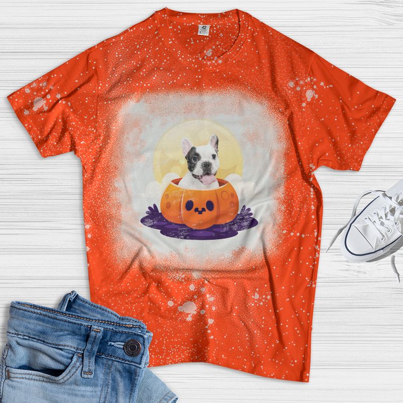Bulldog puppy in pumpkin halloween bleached shirt