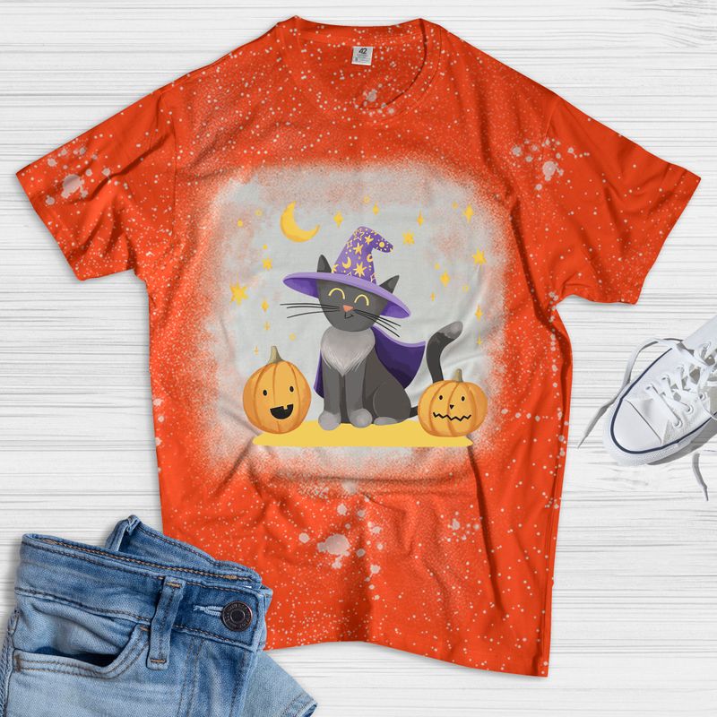 Cat In A Witch Hat And Pumpkin Bleached Shirt
