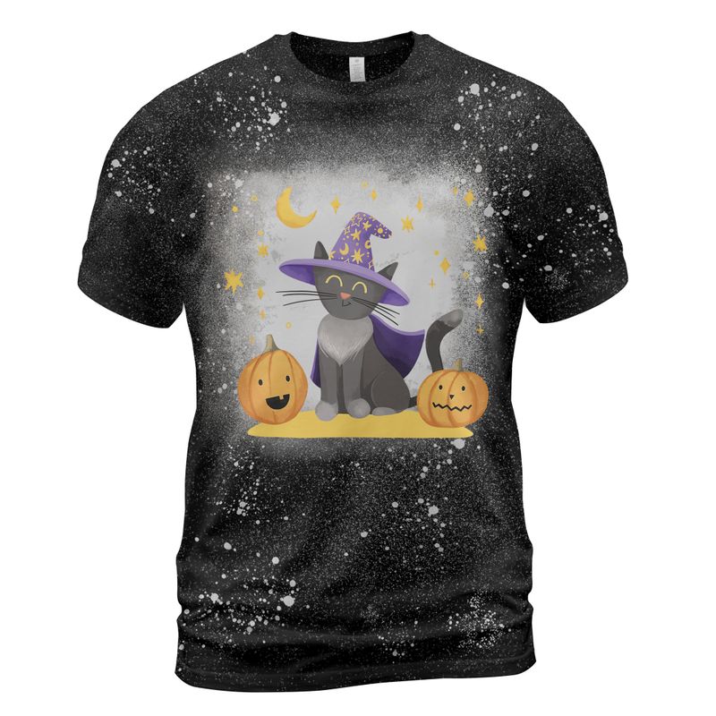 Cat In A Witch Hat And Pumpkin Bleached Shirt