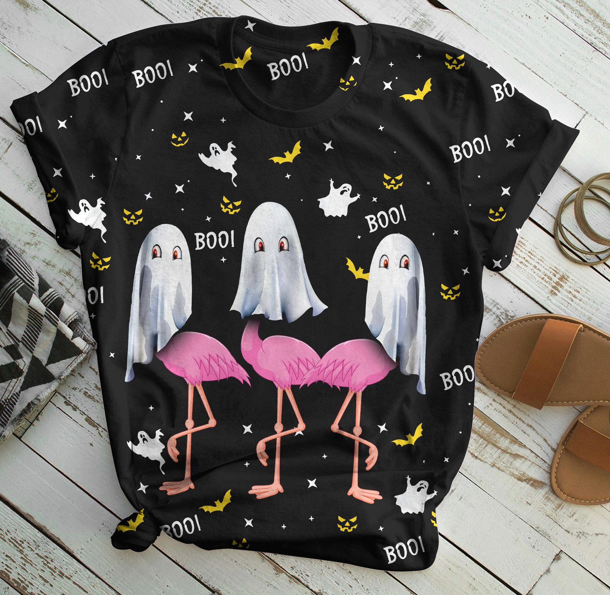 Flamingo boo boo halloween all over print shirt