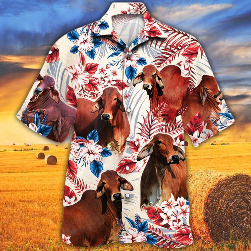 Red Brahman Cattle Lovers American Flag Hawaiian Shirt