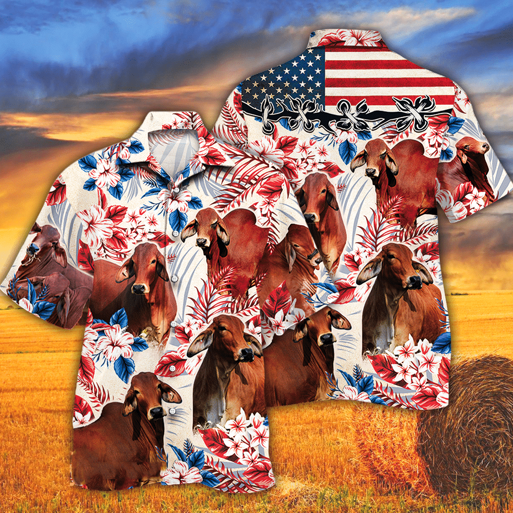 Red Brahman Cattle Lovers American Flag Hawaii Hawaiian Shirt T210921