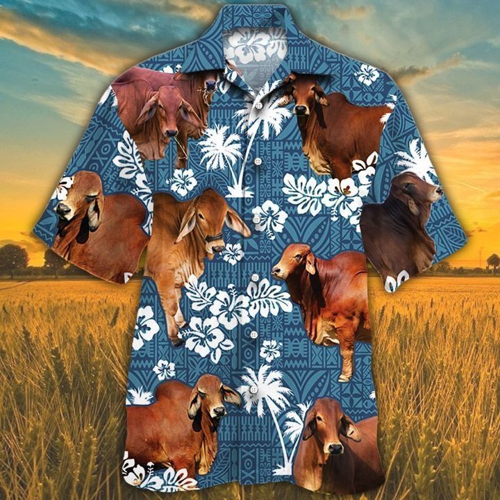 Red Brahman Cattle Lovers Blue Tribal Pattern Hawaii Hawaiian Shirt T210921