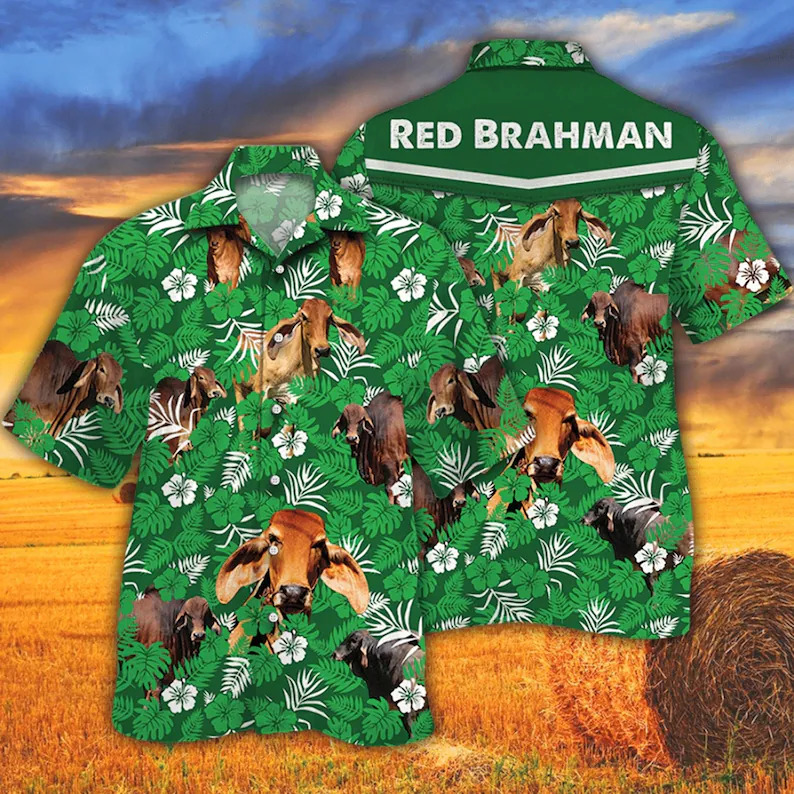 Red Brahman Cattle Lovers Green Flower Hawaiian Shirt