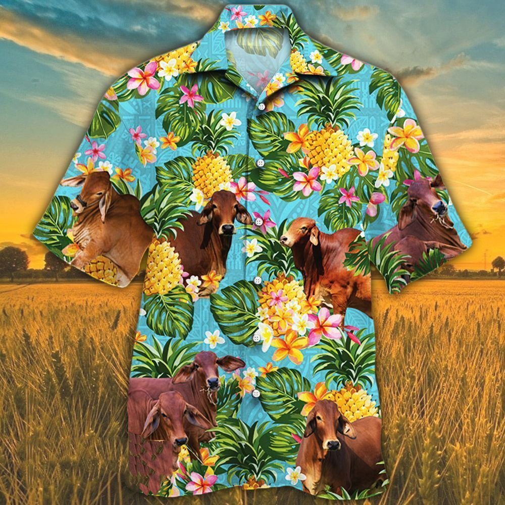 Red Brahman Cattle Lovers Pineapple Hawaii Hawaiian Shirt T210921