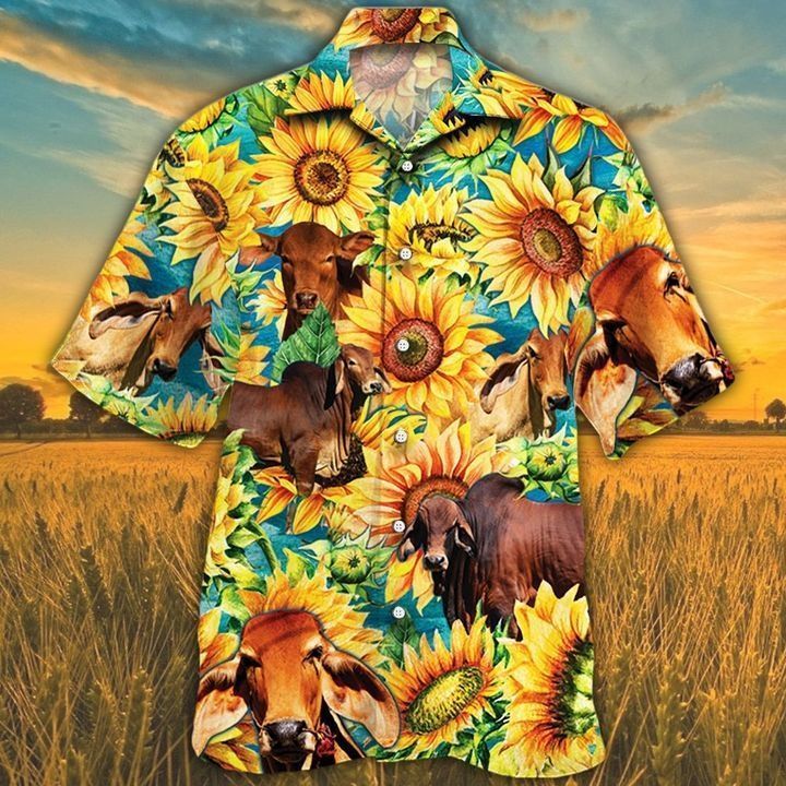 Red Brahman Cattle Lovers Sunflower Hawaiian Shirt