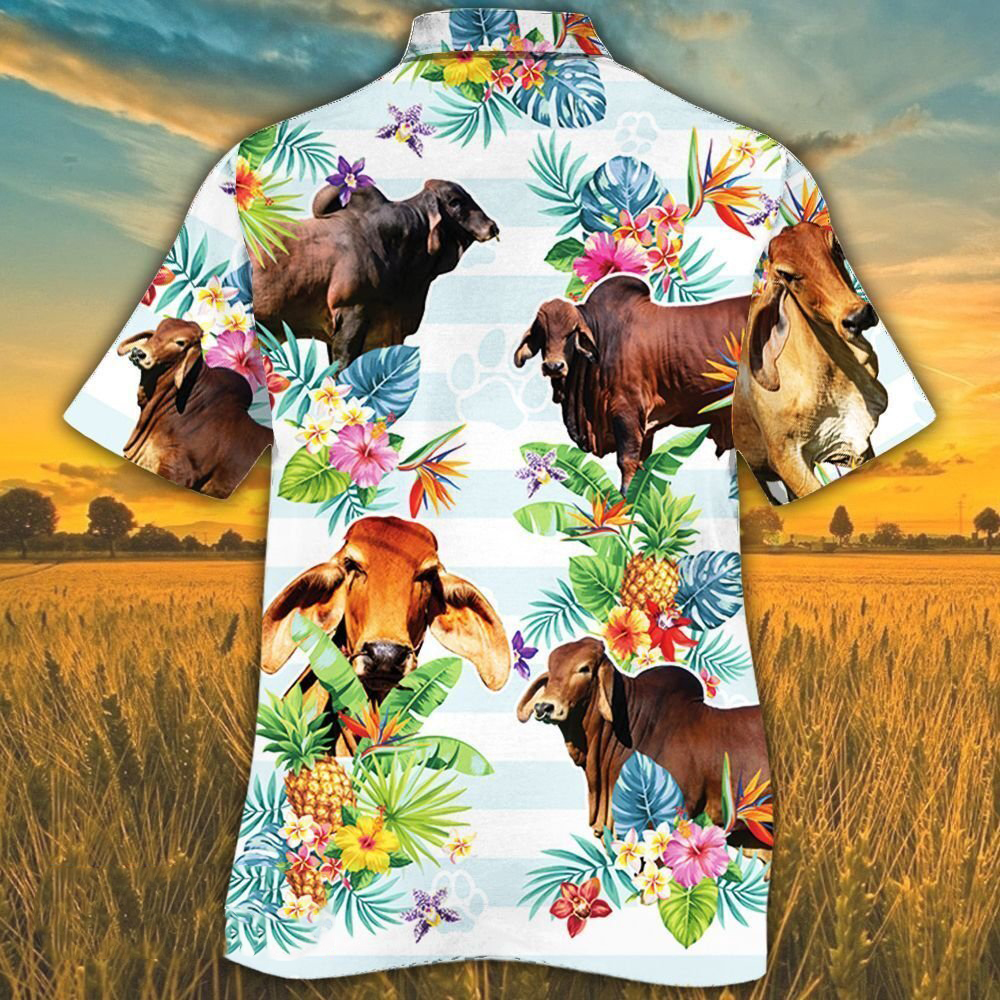 Red Brahman Cattle Lovers Tropical Flower Hawaii Hawaiian Shirt