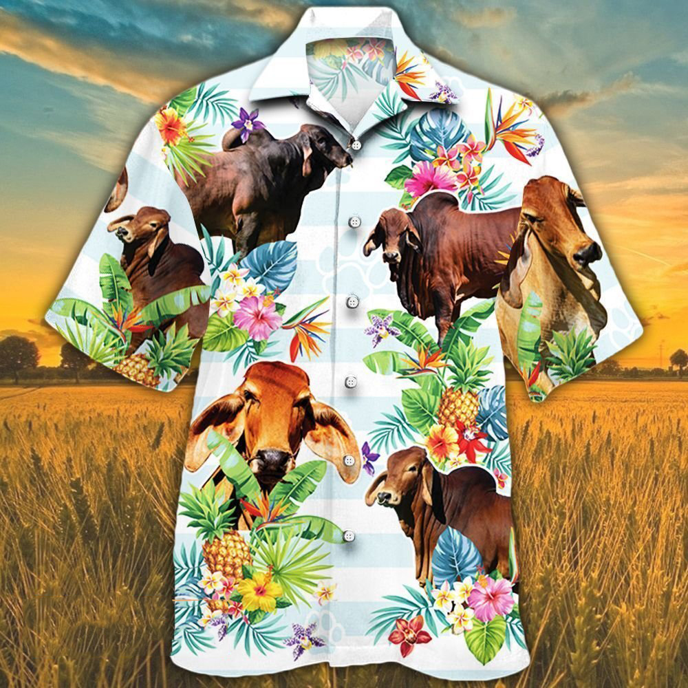 Red Brahman Cattle Lovers Tropical Flower Hawaii Hawaiian Shirt T210921