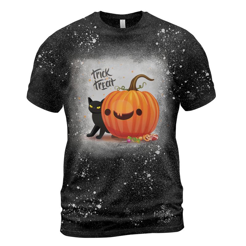 Trick Or Treat Cat And Pumpkin Bleached Shirt