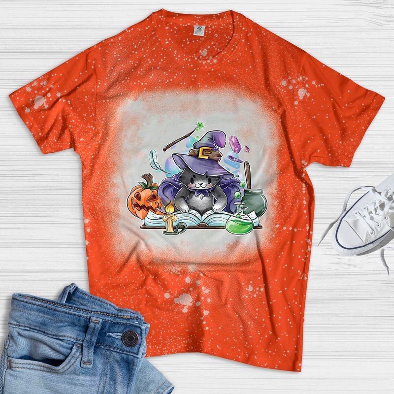 Witch Cat Reading Book Halloween Bleached Shirt