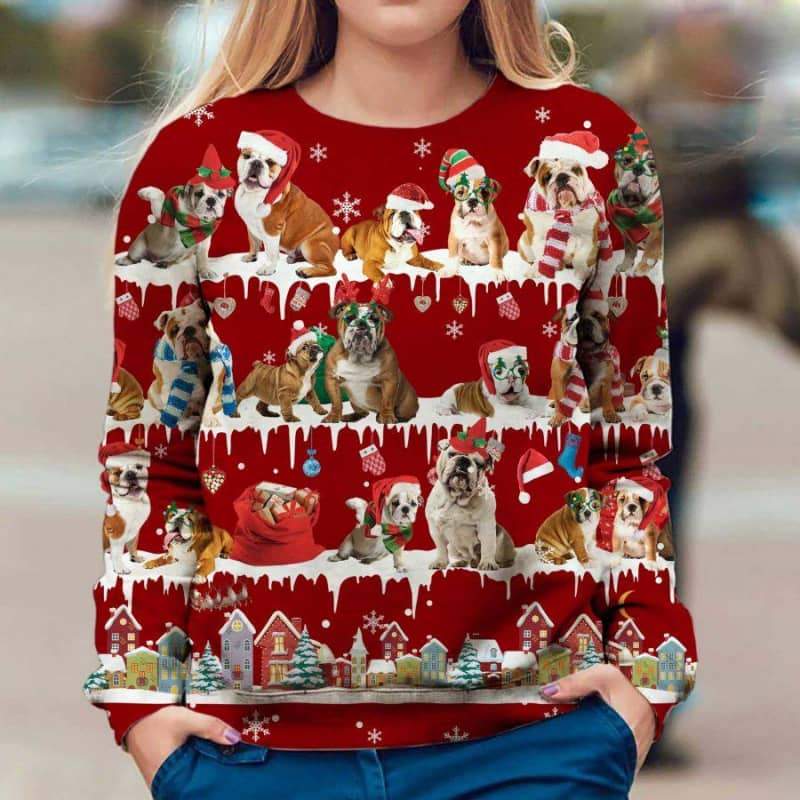 English Bulldog Snow Christmas 3D Ugly Sweater