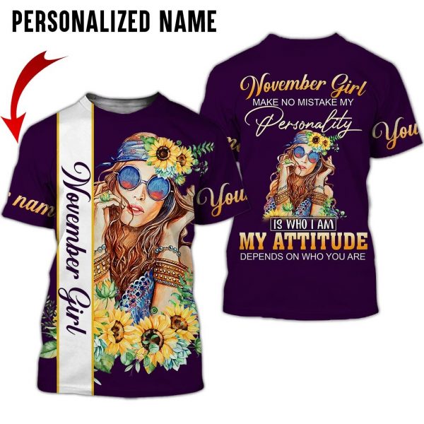 Presonalized Name Hippie November Girl 3D All Over Print Shirt