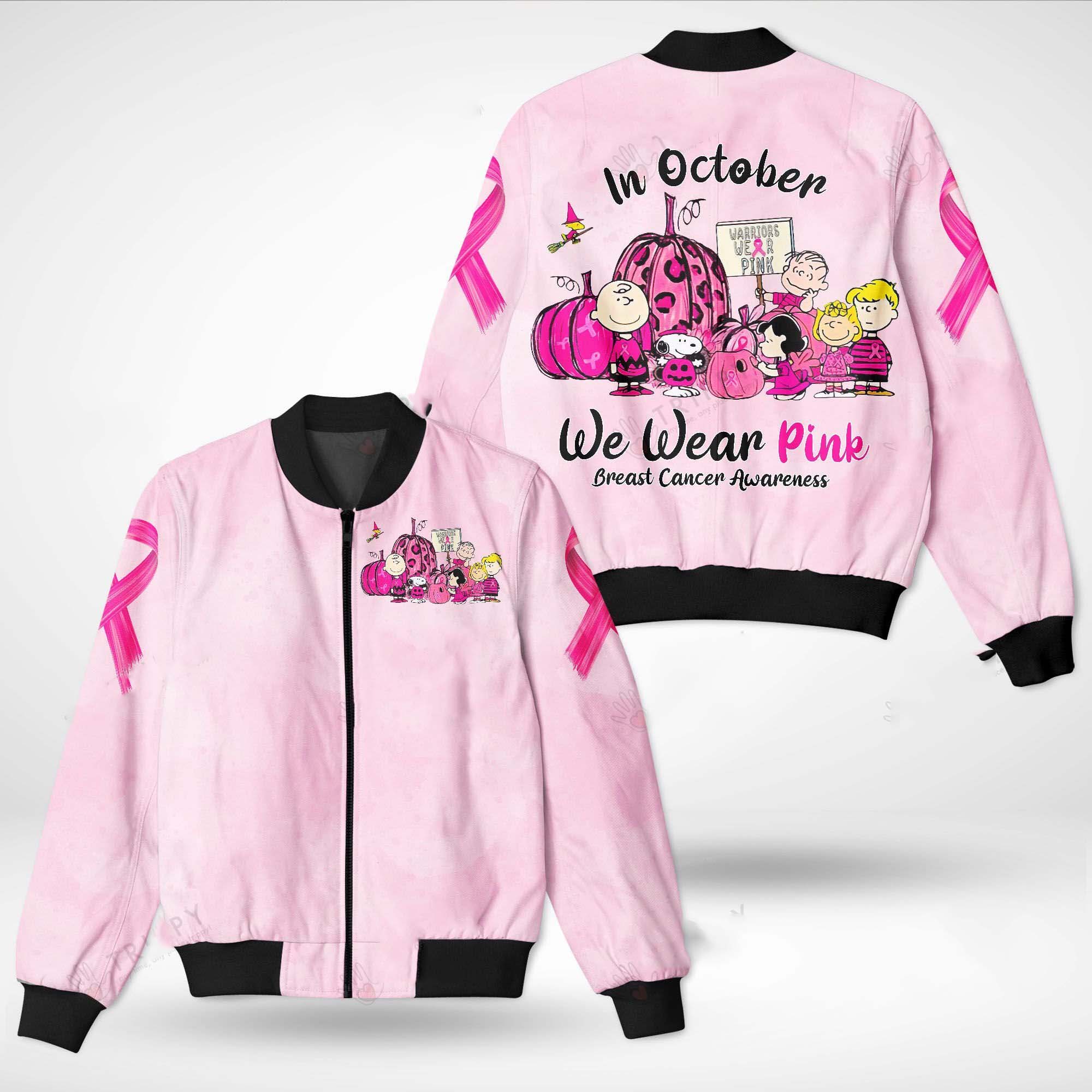 Snoopy and Friends In October we wear pink Breast cancer awareness 3d bomber