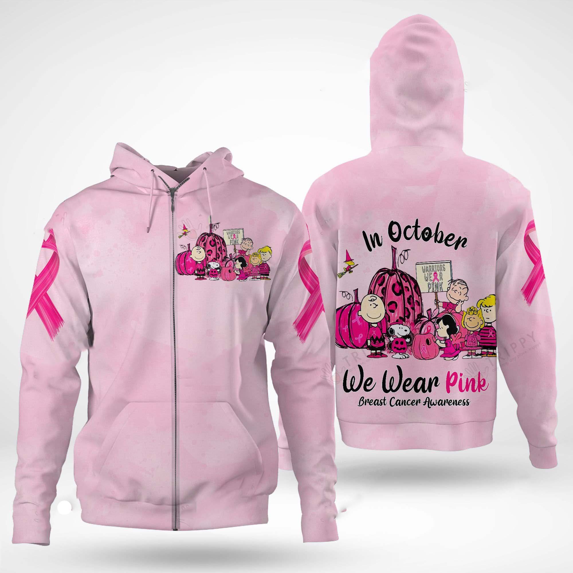 Snoopy and Friends In October we wear pink Breast cancer awareness 3d zip hoodie