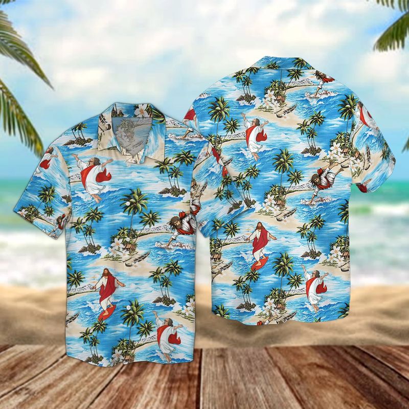 Funny Jesus Surfing Hawaiian Shirt